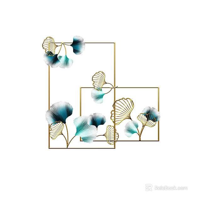 Elegant Home Wall Decor with Golden Square Frames and Teal Gold Ginkgo Leaves 3d model 