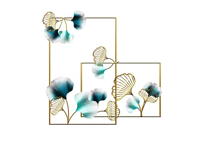 Elegant Home Wall Decor with Golden Square Frames and Teal Gold Ginkgo Leaves 3d model