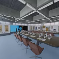 Spacious Conference Room With Long Wooden Table Brown Chairs Decorative Paintings And Ceiling Lights