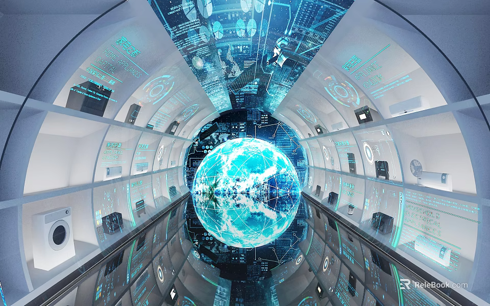 Futuristic High Tech Space With Digital Globe And Interactive Data Screens 3d model 