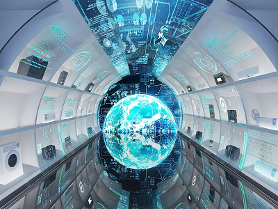 Futuristic High Tech Space With Digital Globe And Interactive Data Screens 3d model