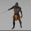 3D Model Of Armored Human Warrior In Silver Red Armor Holding Sword Standing Pose