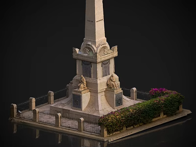 Garden Landscape With Obelisk Pedestal Statues Fence Bushes And Purple Flowers 3d model