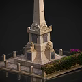 Garden Landscape With Obelisk Pedestal Statues Fence Bushes And Purple Flowers