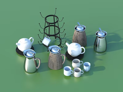 Stylish Tea Set Collection With Silver Teapots Woven Containers And Tea Cups 3d model