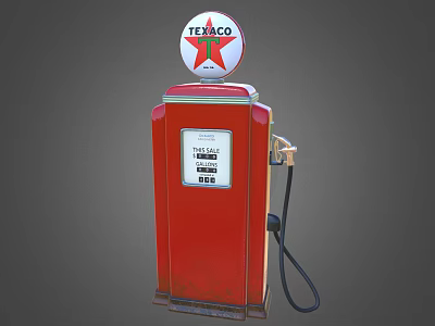 Classic Red Texaco Gas Pump With Star Logo On Top And Fuel Hose Nozzle 3d model