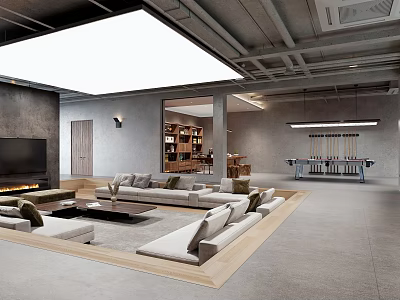 Modern Basement Living Area With Comfortable Sofa TV Bookshelf And Lighting 3d model