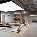 Modern Basement Living Area With Comfortable Sofa TV Bookshelf And Lighting