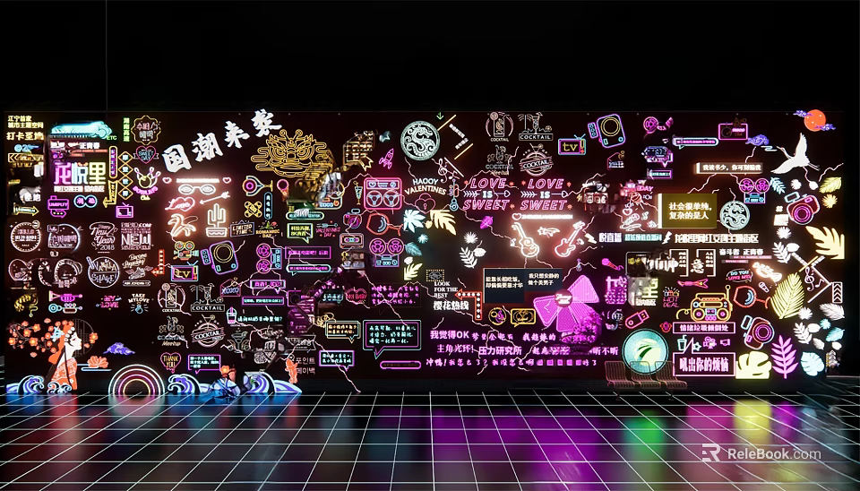 Chinese Trend Inspired Neon Art Wall With Decorative Patterns And Text Elements 3d model 