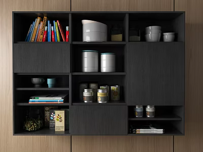 Modern Wall Mounted Cabinets With Colorful Books Bowls And Storage Jars 3d model