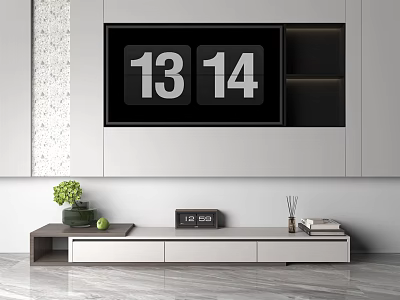 Modern White TV Stand With Green Plant Decorative Items And Storage Drawers In Living Room 3d model