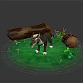 Gray Wolf Standing on Lush Green Grass with Logs Mushrooms and Small Flowers