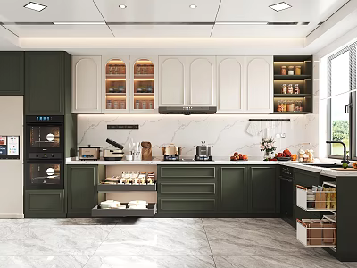 Modern Kitchen Interior Design With Green Cabinets White Countertops And Marble Accents 3d model