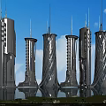 Modern Office Towers With Unique Architectural Design Surrounded By Water And Greenery
