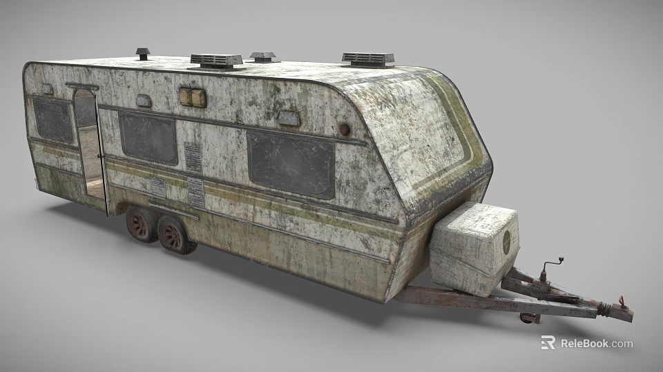 Worn Out Camper Trailer With Roof Equipment Windows Hitch And Storage Box 3d model 