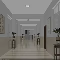 Bright Spacious Elevator Hallway With Chinese Calligraphy Art On Walls Potted Plants And Tile Flooring