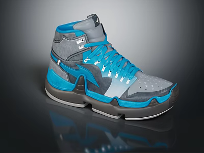 High Top Blue And Gray Sports Shoes With Blue Laces And Structured Sole Design 3d model
