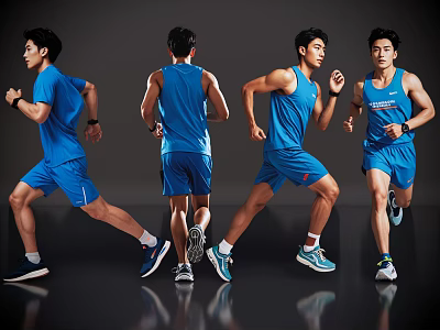 Men Running in Blue Sportswear Showing Different Dynamic Poses from Multiple Angles 3d model