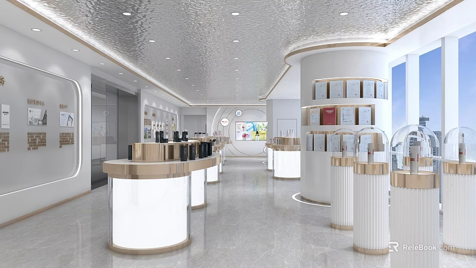 Bright Modern Display Space Interior With White Gold Podiums Curved Columns And Shelves 3d model 