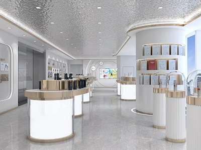 Bright Modern Display Space Interior With White Gold Podiums Curved Columns And Shelves 3d model