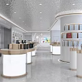 Bright Modern Display Space Interior With White Gold Podiums Curved Columns And Shelves