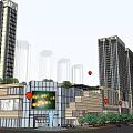 Modern Commercial Complex with High Rise Buildings Glass Facade Retail Area and Street Greenery