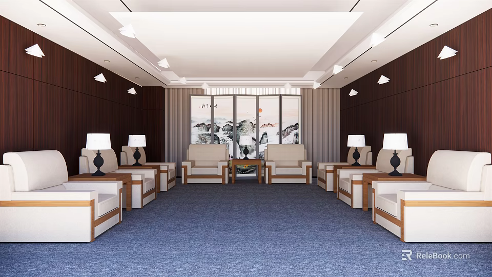 Elegant Hotel Public Lounge Area With Comfortable Sofas Large Windows And Wooden Walls 3d model 