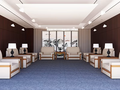 Elegant Hotel Public Lounge Area With Comfortable Sofas Large Windows And Wooden Walls 3d model