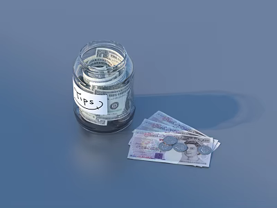Transparent Glass Jar Filled With US Dollar Bills TIPS Label And British Pound Notes Coins 3d model
