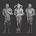Three Detailed Silver Knight Figures Standing in Full Armor on White Background