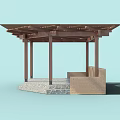Outdoor Wooden Pergola with Square Roof and Stone Base Pillar Support Structure Design
