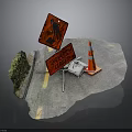 Road Construction Site With Pedestrian Warning Signs Traffic Cones Barrels And Bushes