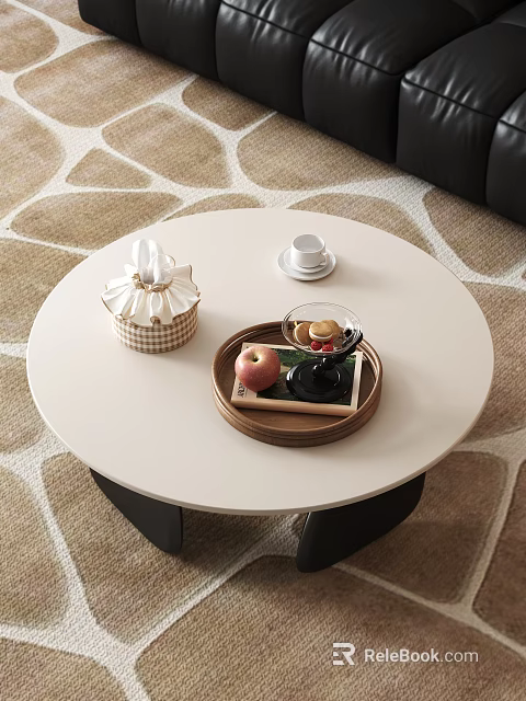 Modern Round White Coffee Table Decorated With Checkered Tissue Box Wooden Tray Cup And Apple 3d model 