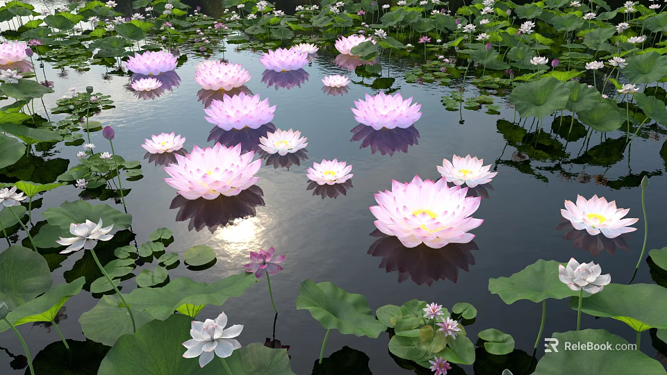 Vibrant Aquatic Plants With Pink White Lotus Flowers Lily Pads On Water And Sunlight Reflections 3d model 