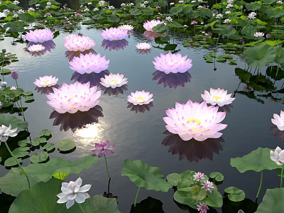 Vibrant Aquatic Plants With Pink White Lotus Flowers Lily Pads On Water And Sunlight Reflections 3d model