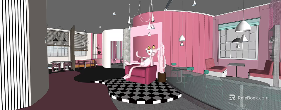 Pink Themed Dessert Shop With Black And White Checkered Floor And Cartoon Cat Sofa 3d model 