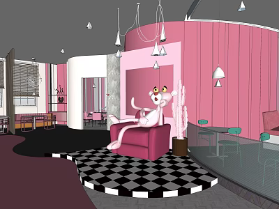 Pink Themed Dessert Shop With Black And White Checkered Floor And Cartoon Cat Sofa 3d model