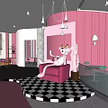 Pink Themed Dessert Shop With Black And White Checkered Floor And Cartoon Cat Sofa