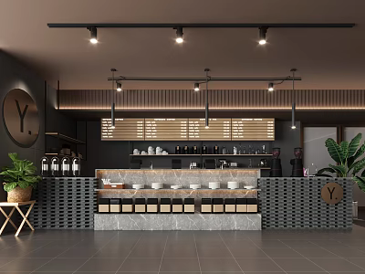Modern Cafe Interior With Bar Counter Pendant Lights Green Plants And Wooden Decor 3d model