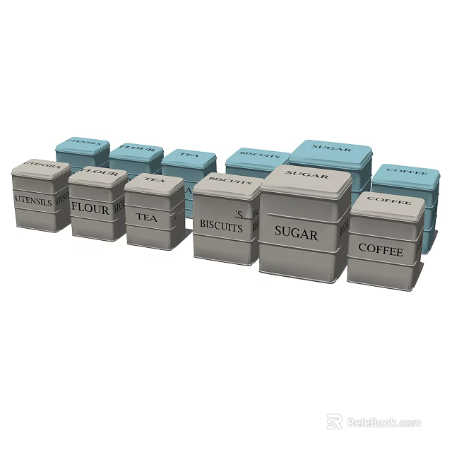 Gray And Blue Food Storage Canisters With Tea Sugar Coffee Flour Biscuits Spices Labels 3d model 