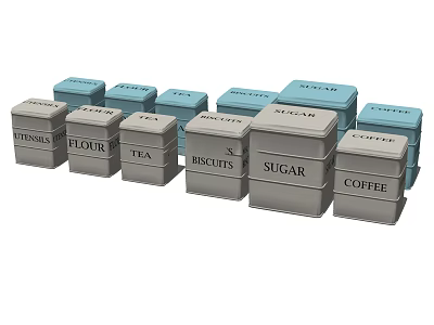 Gray And Blue Food Storage Canisters With Tea Sugar Coffee Flour Biscuits Spices Labels 3d model