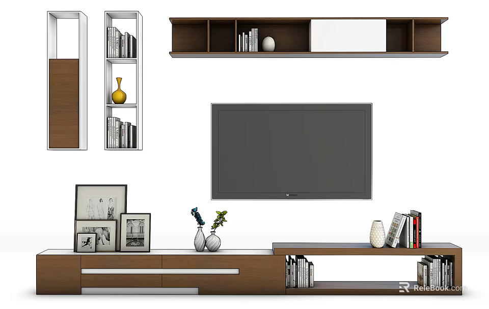 Modern TV Stand with Mounted TV Bookshelves Photo Frames and Decorative Vase 3d model 