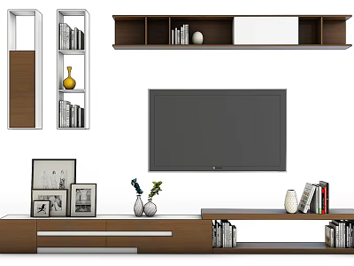 Modern TV Stand with Mounted TV Bookshelves Photo Frames and Decorative Vase 3d model