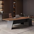 Modern Office Desk With Wooden Top Laptop Desk Lamp And Dark Wooden Bookshelves