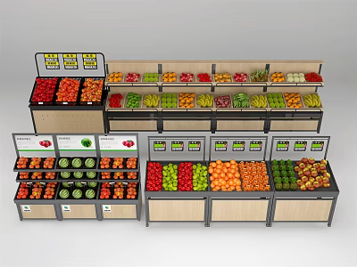Multi tiered Fruit Display Shelves With Fresh Colorful Fruits And Price Tags 3d model