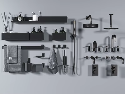 Stylish Modern Bathroom Accessories With Shelves Towel Racks Shower Heads And Faucets 3d model