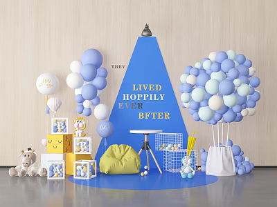 Window Display Decoration Featuring Blue And White Balloons Yellow Bean Bag And Plush Toys 3d model