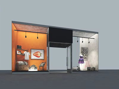Modern Shop Window Display With Orange And White Walls Clothing And Decorations 3d model