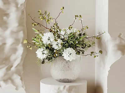 Silver Textured Vase With White Flowers Green Leaves And Branches On White Pedestal 3d model