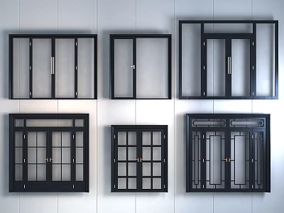 Modern Black Double Doors With Glass Panels And Grid Design For Home Interior 3d model
